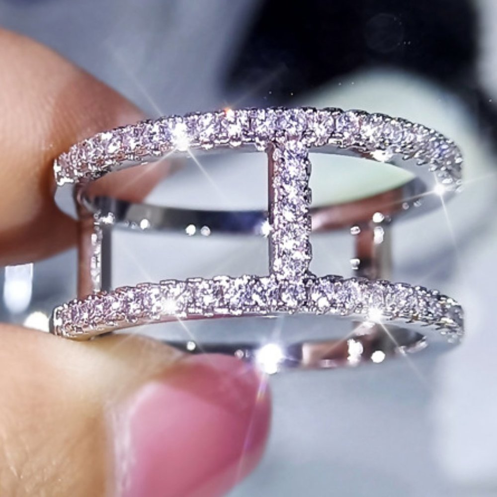 💝"Trendy CZ Glitter Micro Pave Silver Double Layer Hollow UNVN12223